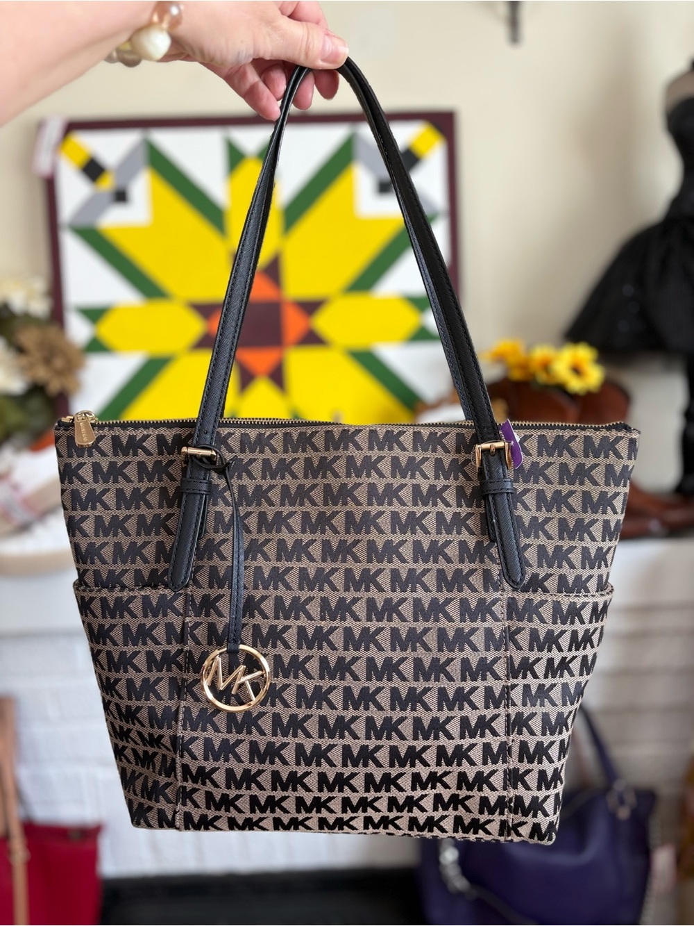 Michael Kors Brown MK Logo Tote with Black Straps and Gold Charm